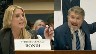 A splitscreen of Pam Bondi and Thomas Massie at a Congressional hearing. | Illustration: C-SPAN