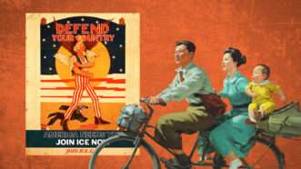 An illustration showing an ICE recruitment poster alongside a retro painting of a Chinese family with two parents and one child | Illustration: U.S. Immigration and Customs Enforcement/Midjourney/Ekkachai Tisantia/Dreamstime