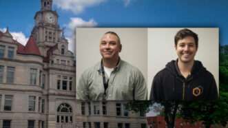 Iowa courthouse, with pictures of Gary DeMercurio and Justin Wynn | Illustration: Krebs On Security/Brandon Rush