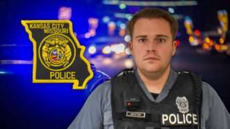 Kansas City Police Department logo alongside former officer Blayne Newton | Illustration: NPR News/Zzz1b/Dreamstime/Wikimedia Commons