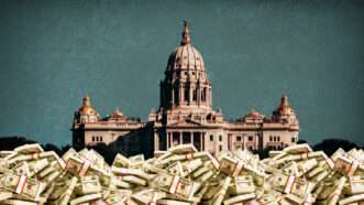 An illustration of the Minnesota Capitol with a pile of bundled currency $50 bills in front of it | Illustration: Midjourney/Digitalstormcinema/Dreamstime