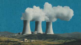 Against a dark blue background with binary code in it stand three nuclear cooling towers with water vapor coming out of them—the nuclear power plant stands up in a hilly green landscape. | Illustration: Midjourney