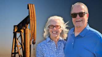 An oil rig on the left, siblings John and Melinda Morgan on the right, and an open sky in the background | Illustration: Nikolay Mamluke/Dreamstime/John and Melinda Morgan
