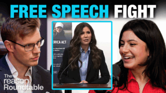 Robby Soave appears on the left, and Reem Ibrahim appears on the right. In the center box, Kristi Noem is shown speaking at a podium. The thumbnail text at the top reads “FREE SPEECH FIGHT.” | Illustration: Adani Samat