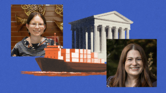Illustration featuring Sarah Wells and Kacie Wright in front of the Supreme Court and a cargo ship | Credits: Sarah Wells/Houghton Horns'/Midjourney