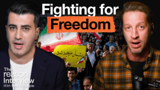 Fardad Farahzad is on the left and Zach Weissmueller is on the right, with a crowd of Iranian protesters holding flags and signs in the background. Text on the image reads “Fighting for Freedom.” | Illustration: Adani Samat