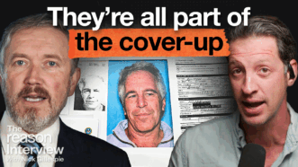 Rep. Thomas Massie is on the left and Zach Weissmueller is on the right, with a photo of Jeffrey Epstein and investigation documents in the background, and on-screen text reading “They’re all part of the cover-up.” | Illustration: Adani Samat