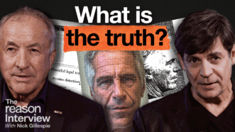 Michael Shermer appears on the left and Nick Gillespie on the right, with a photo of Jeffrey Epstein centered behind them. Bold text across the top of the screen reads “What is the truth? | Illustration: Adani Samat