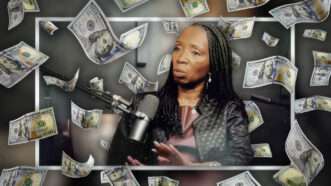 Tracy Jones speaks into a microphone, while illustrative money flies around her. | Illustration: WSB-TV/Kacpura/Dreamstime