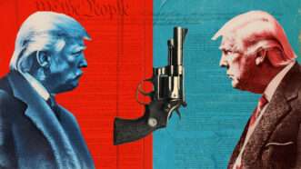 President Donald Trump, at odds with himself, and a revolver handgun in the middle | Illustration: Midjourney