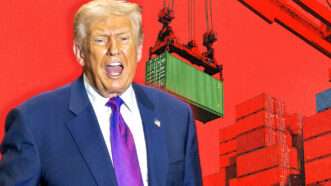 President Donald Trump against a background of shipping containers | Phil Mistry/Zuma Press/Newscom/Midjourney