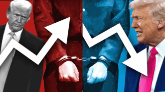 Twp pictures of Donald Trump superimposed with images of upward and downward arrows | CNP/AdMedia/Annabelle Gordon/Polaris/Newscom/Midjourney