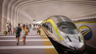 Graphical rendering of a California high-speed rail train in a station. | CRAIG KOHLRUSS/TNS/Newscom
