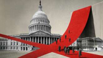 The U.S. Capitol is covered in a ribbon of red tape. | Illustration: Paul Hakimata/Dreamstime/Midjourney