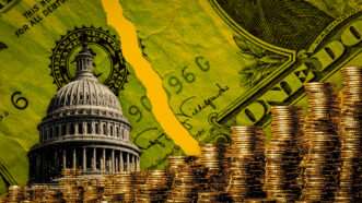 The U.S. Capitol surrounded by cash and change | Illustration: Midjourney/Mikhail Matsonashvili/Dreamstime