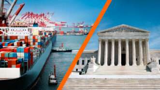 a photo of a ship carrying imports next to a photo of the Supreme Court | Steven Frame/Xuejingwen/Dreamstime