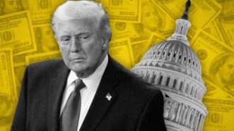 An illustration of Donald Trump and the U.S. Capitol before a background of currency | om Williams/CQ Roll Call/Newscom/Lunamarina/Patrick Bryk/Dreamstime