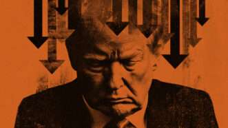 Black arrows point down above the head of President Donald Trump. | Illustration: Midjourney