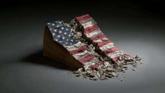 A pile of dollar bills crumbling, with the colors of the American flag on top | Midjourney/Empire331/Dreamstime