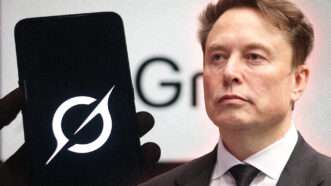A smartphone with the Grok logo on the left, Elon Musk on the right, and a background with Grok branding | INA Photo Agency/Sipa USA/Newscom/Gage Skidmore/ZUMAPRESS/Newscom