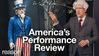 Andrew Heaton in a powdered wig gestures to a tired Uncle Sam | Adani Samat
