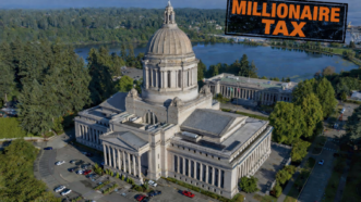 Illustration of the Washington state capitol in Olympia with "millionaire tax" in the background | Illustration: Midjourney/imageBROKER/Walter G Arce Sr Gri/Newscom