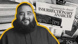 Daniel Sanchez outlined in yellow with pamphlets in the background in black and white | Illustration: U.S. Immigration and Customs Enforcement/Ana Lillith Bar/Instagram