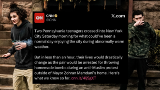 Two boys stand in the background with a CNN post on X in the foreground | Derek French/ZUMAPRESS/Newscom