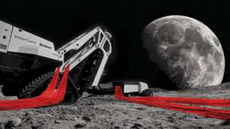 An Interlune/Vermeer excavator on the moon, draped in red tape. | Illustration: Interlune/Midjourney