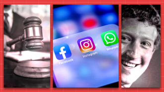 A judge's gavel, Meta app icons, and Mark Zuckerburg | Photo: Dreamstime