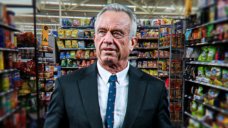 Robert F. Kennedy Jr. photoshopped into a grocery store aisle where he's surrounded by bags and bags of snacks. | Dreamstime/CNP / AdMedia/Newscom