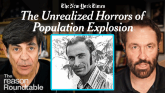 Nick Gillespie appears on the left, and Peter Suderman appears on the right. A black and white image of Paul Ehrlich appears in the center square. The New York Times logo appears at the top, beneath it, text reads "The Unrealized Horrors of Population Explosion." | Illustration: Adani Samat