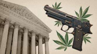 The Supreme Court building next to images of a handgun and cannabis leaves | Midjourney/Gerald Mothes/Dreamstime