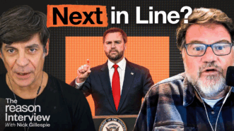 Nick Gillespie appears on the left, and Jonah Goldberg appears on the right. J.D. Vance appears behind them in the center, speaking at a podium. Bold text across the top reads "Next in Line?" | Illustration: Adani Samat