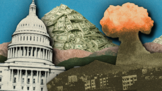The U.S. Capitol stands next to a mound of money and an explosion | Adani Samat/Midjourney