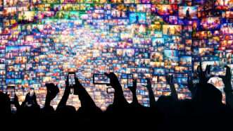 People pointing camera phones at a wall of screens | Illustration: Joanna Andreasson; Source images: iStock