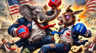 An AI illustration showing a Republican elephant and a Democratic donkey in a boxing match | Illustration: Joanna Andreasson/ChatGPT-5.3