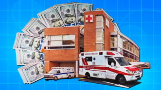 Hospital, with an ambulance out front, and money around it. | Adani Samat/Dreamstime