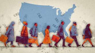 People moving, with a map of the U.S. in the background | Illustration: Midjourney