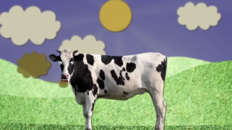 A cartoon cow stands in front of rolling hills | Stossel TV