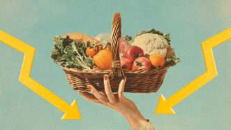 A hands holds a basket of food next to two downward arrows | Illustration: Midjourney