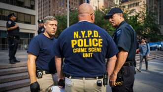 New York Police officers congregate in public; one wears a shirt that sayd "NYPD Police Crime Scene Unit." | Steve Sanchez/Sipa USA/Newscom