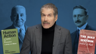 John Stossel is seen between Ludwig von Mises and Friedrich Hayek | Stossel TV