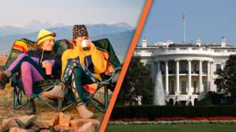 Two people in camping gear outdoors and the White House | Illustration: Cassie Abel/Wild Rye/Kuosumo/Dreamstime