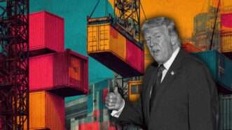 A black and white image of Trump in front of blue, pink, and orange tinted shipping containers | Illustration: Midjourney/Andrew Leyden/ZUMAPRESS/Newscom