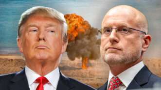 President Trump and FCC Chair Brendan Carr with an explosion in the background | Illustration: Hossein Fatemi/MEI/SIPA/Andrew Thomas - CNP/CNP / Polaris/Newscom/Joe Sohm/Dreamstime