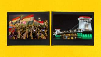 Against a yellow backdrop are two photos: on the left is a large group of people with a few waving Hungarian flags, on the right is the Széchenyi Chain Bridge lit up in the colors of the Hungarian flag. | Jonas Stankevich