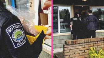 Split image with Bothell police officer logo on the left and police entering a building on the right | Credit: Bothell City Police Department