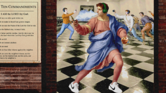 Renaissance-style image of youths wearing Nike shoes, headphones, and vaping in a classroom | Adani Samat/Midjourney