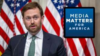 FTC Chairman Andrew Fergson next to the logo of Media Matters for America | CNP/AdMedia/Sipa/Newscom/Media Matters for America
